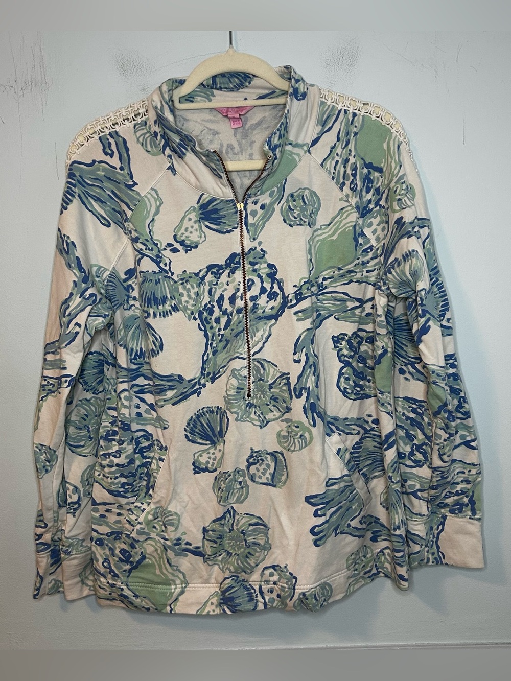 Lilly Pulitzer Barefoot Princess Blue White Shell Lace Skipper Popover Sweater